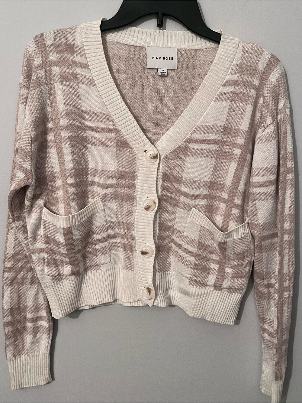 Pink Rose Cropped Neutral Cream Plaid Button-Front Cardigan Pockets XS